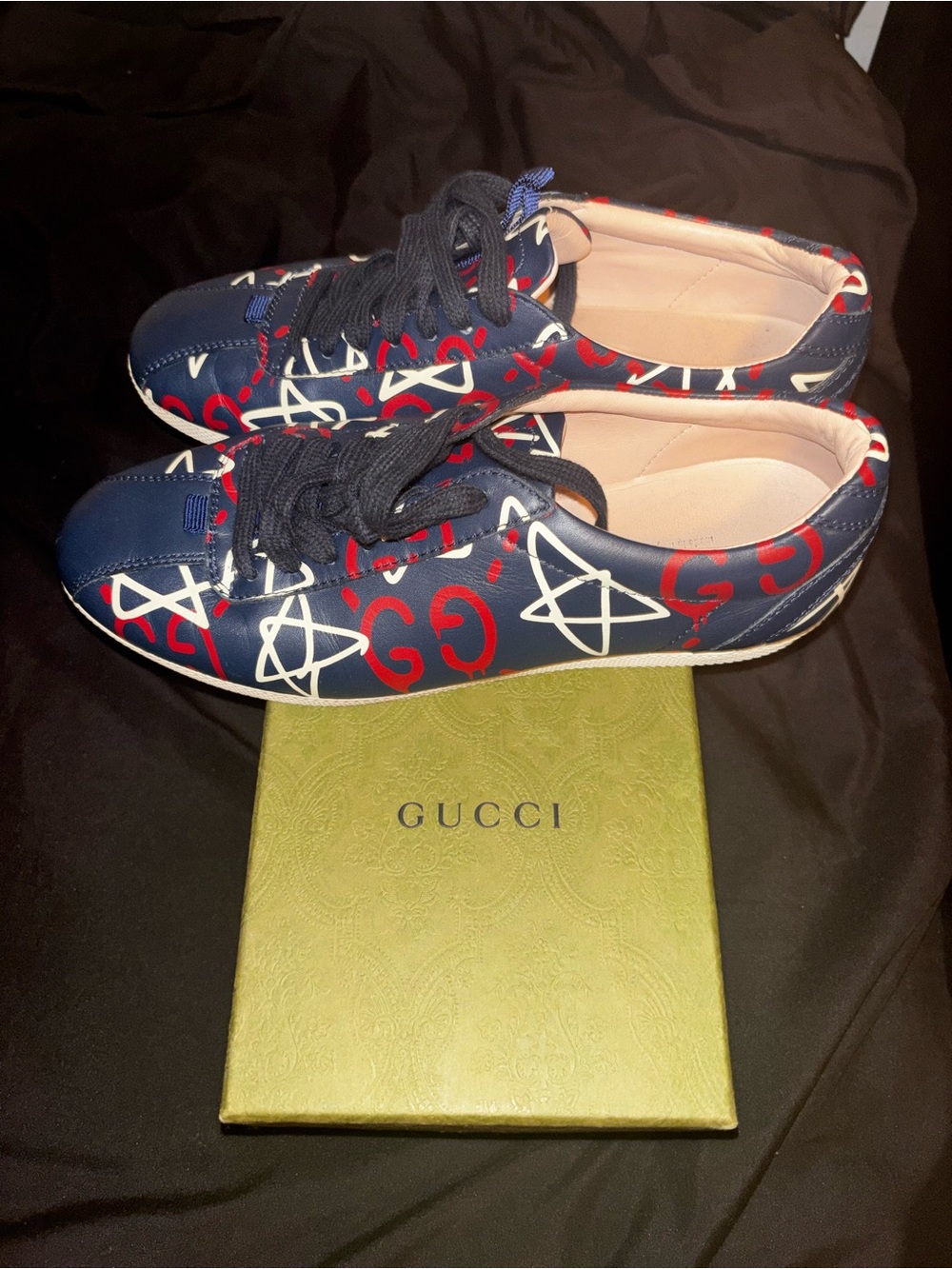 Women’s Gucci Navy Leather Sneakers with Red & White Graphic Print